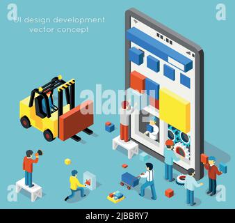 Concept de vecteur de développement de conception d'interface utilisateur de smartphone dans le style isométrique 3D plat. Smartphone de développement, illustration de l'interface utilisateur technologique Illustration de Vecteur