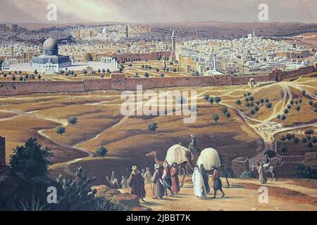 Bédouins avec chameaux approchant la ville fortifiée - Art Jordan Banque D'Images