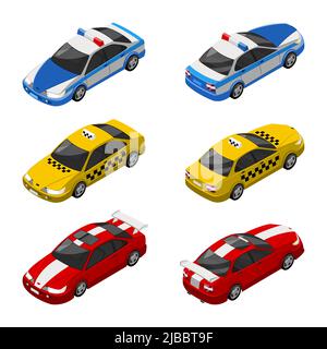 Voiture de taxi, véhicule de police et voiture de course 3D isometrics. Transport en voiture, transport en taxi et voiture de police. Illustration vectorielle Illustration de Vecteur