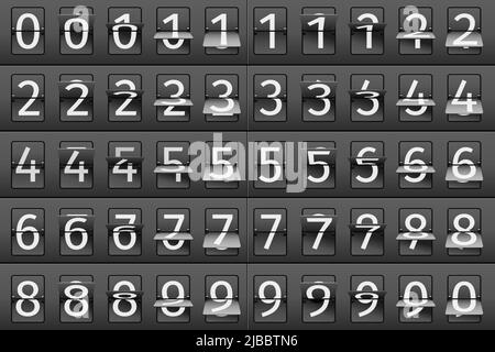 Illustration vectorielle des numéros du tableau des arrivées et départs des aéroports. Tableau de bord mécanique numérique, compteur de retournement Illustration de Vecteur