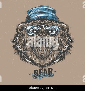 Motif étiquette pour t-shirt avec illustration de l'ours style boxer un chapeau et des lunettes Illustration de Vecteur