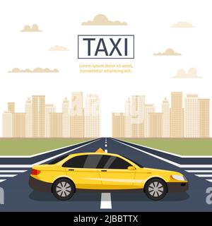 Taxi urbain. Cabine jaune en paysage urbain avec vecteur de nuages. Illustration du taxi urbain sur la route Illustration de Vecteur