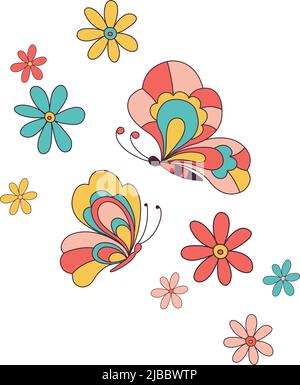 Papillon parmi fleur Retro 70s 60s Groovy hippie Flower Power vibes illustration vectorielle isolée sur blanc. Imprimé papillons aux couleurs rétro de l'été pour t-shirt. Illustration de Vecteur
