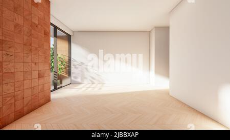 Blanc moderne et minimaliste élégant salon intérieur avec mur et plancher en bois, rendu 3D Banque D'Images