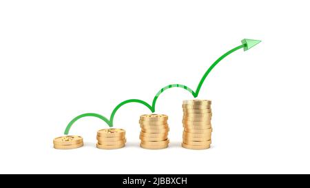 Pile de pièces de monnaie d'or composé de croissance avec flèche verte. Argent augmentant la valeur, réussite du concept d'investissement d'affaires financières, rendu 3D Banque D'Images