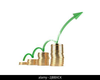 Pile de pièces de monnaie d'or composé de croissance avec flèche verte. Argent augmentant la valeur, réussite du concept d'investissement d'affaires financières, rendu 3D Banque D'Images