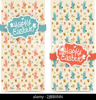 Adorable isolé vertical doodle heureux pâques bannières avec lapins poussins carottes fleurs et oeufs illustration vectorielle Illustration de Vecteur