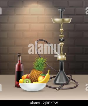 Vecteur grand Nargile pour fumer du tabac avec long tuyau de nargua, bouteille de vigne, ananas, banane, kiwi dans un bol sur fond de mur de brique Illustration de Vecteur