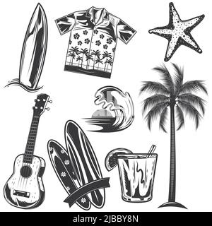 Ensemble d'éléments de surf pour créer vos propres badges, logos, étiquettes, affiches, etc. Isolé sur blanc. Illustration de Vecteur