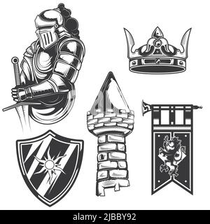 Ensemble d'éléments de chevalier (tour, bouclier, couronne, etc.) pour créer vos propres badges, logos, étiquettes, affiches, etc. Isolés sur blanc. Illustration de Vecteur