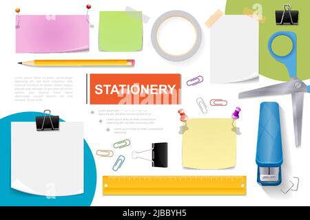 Composition réaliste des éléments de papeterie avec feuilles de papier vierges règle punaises ciseaux agrafeuse crayon classeur clip adhésif ruban adhésif autocollants vecteur il Illustration de Vecteur