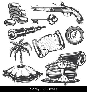 Ensemble d'éléments de Trésor pour créer vos propres badges, logos, étiquettes, affiches, etc. Isolé sur blanc. Illustration de Vecteur