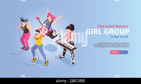 Rock pop bande horizontale isométrique web bannière avec célèbre musical quatre pièces filles performance de groupe illustration vectorielle Illustration de Vecteur