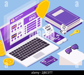 Paiement en ligne composition isométrique avec icônes et pictogrammes pour les transactions instantanées compte personnel sur l'écran d'ordinateur illustration vectorielle Illustration de Vecteur