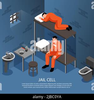 Fond intérieur de cellule de prison avec barres métalliques sur la fenêtre lavabo de cuvette de toilettes et deux détenus sur lit superposé illustration vectorielle isométrique Illustration de Vecteur