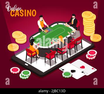 Composition conceptuelle isométrique de casino en ligne avec texte orné et images de piles de pièces de monnaie avec illustration vectorielle de table de jeu Illustration de Vecteur