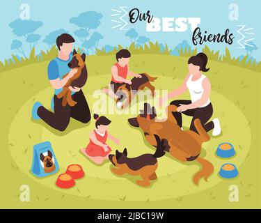 Composition isométrique de famille de chiens avec texte orné et paysage extérieur avec famille humaine et illustration vectorielle de plusieurs chiens Illustration de Vecteur