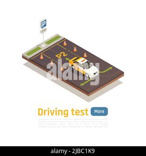 Composition isométrique de l'école de conduite avec cônes de flèches vertes de voiture d'entraînement et texte modifiable avec illustration vectorielle de bouton plus Illustration de Vecteur