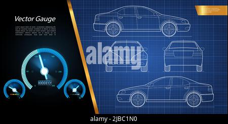 Composition moderne de course et de vitesse avec dessin d'ingénierie de concept automobile et de jauges de tableau de bord de voiture illustration vectorielle Illustration de Vecteur