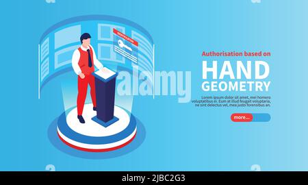 Identification biométrique isométrique bannière horizontale avec texte de bouton et personnage humain masculin scannant sa main empreintes illustration vectorielle Illustration de Vecteur