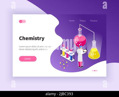 Composition chimique isométrique avec bouton cliquable Liens texte éditable et images de scientifique avec illustration vectorielle de tubes à essai Illustration de Vecteur