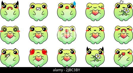 Divers ensemble de grenouilles à dessin animé. Doodle visages, yeux et bouche. Caricature expressive comic émotions, sourire, pleurs et surprise caractère visage expression Illustration de Vecteur
