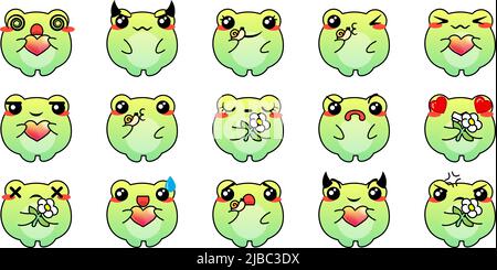 Divers ensemble de grenouilles à dessin animé. Doodle visages, yeux et bouche. Caricature expressive comic émotions, sourire, pleurs et surprise caractère visage expression Illustration de Vecteur