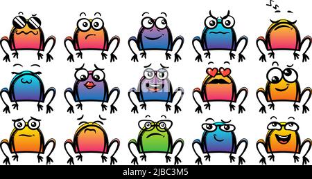 Divers ensemble de grenouilles à dessin animé. Doodle visages, yeux et bouche. Caricature expressive comic émotions, sourire, pleurs et surprise caractère visage expression Illustration de Vecteur