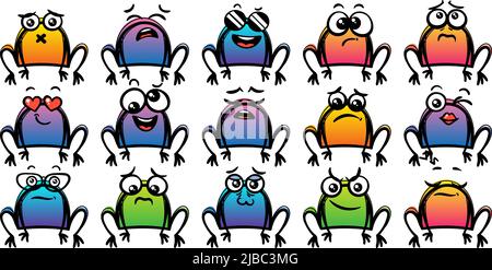 Divers ensemble de grenouilles à dessin animé. Doodle visages, yeux et bouche. Caricature expressive comic émotions, sourire, pleurs et surprise caractère visage expression Illustration de Vecteur