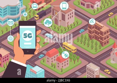 composition internet sans fil 5g avec icônes rondes pictogrammes main avec smartphone et urbain blocs de paysage illustration vectorielle Illustration de Vecteur