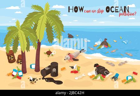 Stop pollution océanique affiche isométrique illustrée bouteilles en plastique déchets et barils de déchets dangereux délavés sur l'illustration vectorielle de la mer Illustration de Vecteur