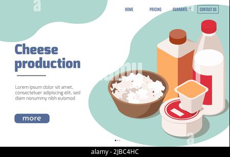 Production laitière contexte isométrique pour la page d'arrivée du site Web avec des produits de fromage et des liens cliquables boutons illustration vectorielle Illustration de Vecteur