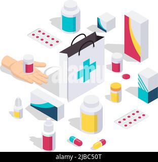 Concept de conception isométrique de pharmacie avec emballage de médicaments comprimés de vitamine coloré icônes isolées sur fond blanc illustration vectorielle Illustration de Vecteur