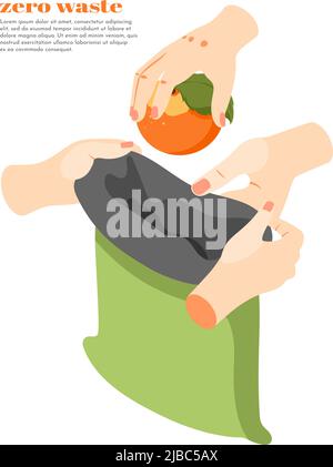 Arrière-plan isométrique zéro déchet avec des personnes mettant l'orange dans le sac vert recyclable 3D illustration vectorielle Illustration de Vecteur