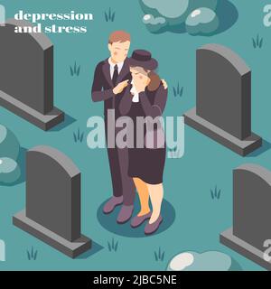 Santé mentale dépression stress composition isométrique sur la gestion de la perte de chagrin mort de l'être aimé un vecteur illustration Illustration de Vecteur
