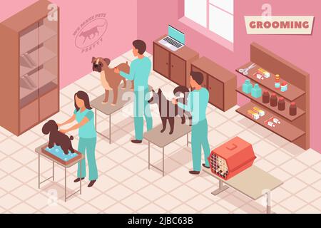 Composition isométrique de toilettage avec vue en intérieur d'un salon de toilettage pour animaux de compagnie avec des personnes et des animaux sur des tableaux illustration vectorielle Illustration de Vecteur