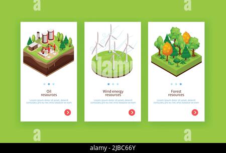 Environnement naturel Ressources durables 3 bannières web verticales avec l'énergie éolienne du pétrole illustration du vecteur vert de fond Illustration de Vecteur