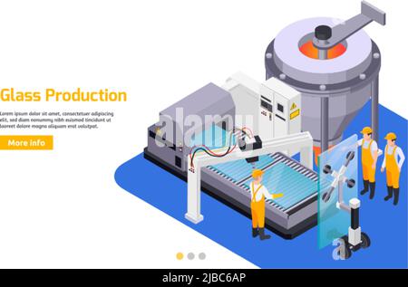 Production de verre arrière-plan isométrique avec texte modifiable lire plus bouton et composition des images de machines de verre illustration vectorielle Illustration de Vecteur