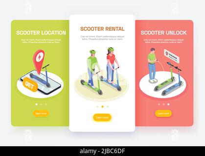 Transport personnel bannières isométriques ensemble avec des personnes de l'équitation et de la location de scooters électriques 3D illustration vectorielle isolée Illustration de Vecteur