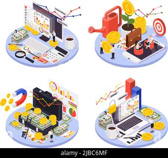 Isométrique isolé et rond de gestion de patrimoine ensemble d'icône avec différentes manières de faire l'illustration de vecteur d'argent Illustration de Vecteur