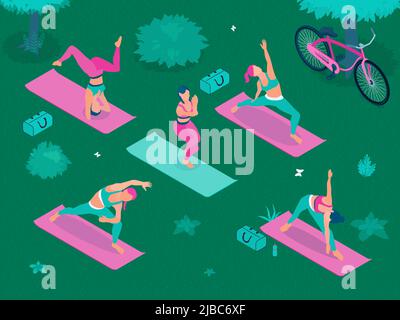 Affiche isométrique de yoga en plein air avec de jeunes femmes en poses de yoga dans l'illustration vectorielle de la zone de parc Illustration de Vecteur