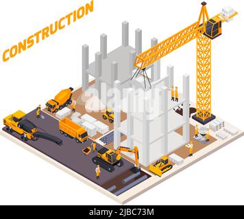 Construction de routes composition isométrique avec construction du bâtiment et illustration vectorielle du territoire adjacent Illustration de Vecteur