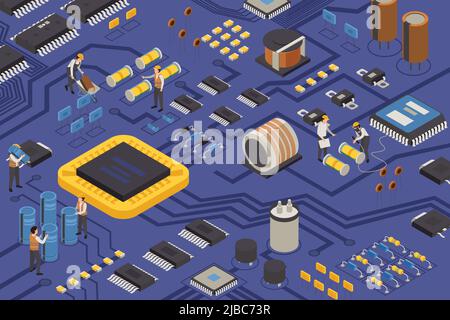 Production d'éléments semi-conducteurs composition isométrique avec des ouvriers de construction sur les condensateurs mobiles de carte de circuit imprimé transistors et microprocesseurs ve Illustration de Vecteur