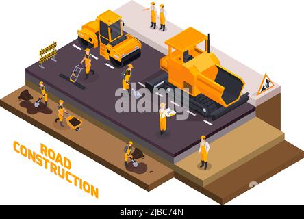 Ensemble d'icônes de construction de routes isométriques isolées avec des ouvriers construisent des routes et remplissent l'illustration du vecteur d'asphalte Illustration de Vecteur