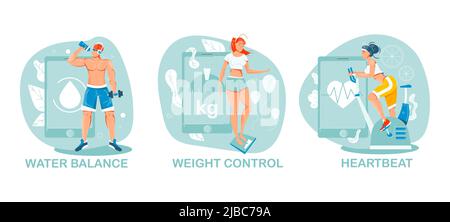 Composition plate avec des personnes faisant du sport et utilisant des gadgets pour garder le contrôle sur le poids de l'équilibre de l'eau et l'illustration de vecteur isolé de battement de coeur Illustration de Vecteur