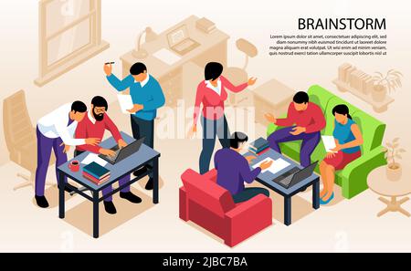 Travail d'équipe collaboration faire avancer des idées créatives composition isométrique de remue-méninges des membres de l'équipe contre le vecteur pâle d'arrière-plan de bureau Illustration de Vecteur