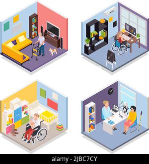 Jeunes et personnes âgées handicapés à la maison et à l'hôpital 2x2 Isométrique concept 3D illustration vectorielle isolée Illustration de Vecteur