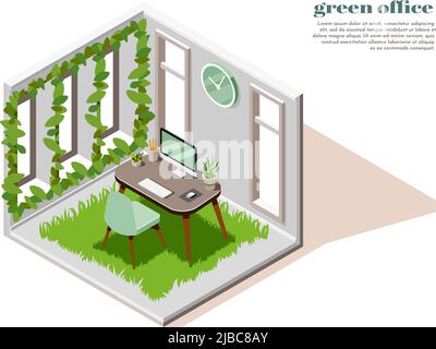 Bureau vert composition isométrique et colorée avec couleurs vertes de plantes et illustration vectorielle de tapis Illustration de Vecteur