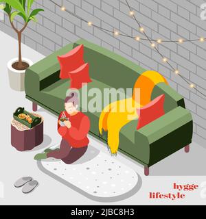 Femme en tricot chandail assis sur le tapis de sol sipping chocolat chaud hygge style de vie isométrique fond illustration vectorielle Illustration de Vecteur