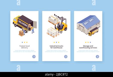 Stockage entrepôt pick-pack services de livraison équipement véhicules de transport 3 bannières isométriques verticales ensemble illustration vectorielle isolée Illustration de Vecteur